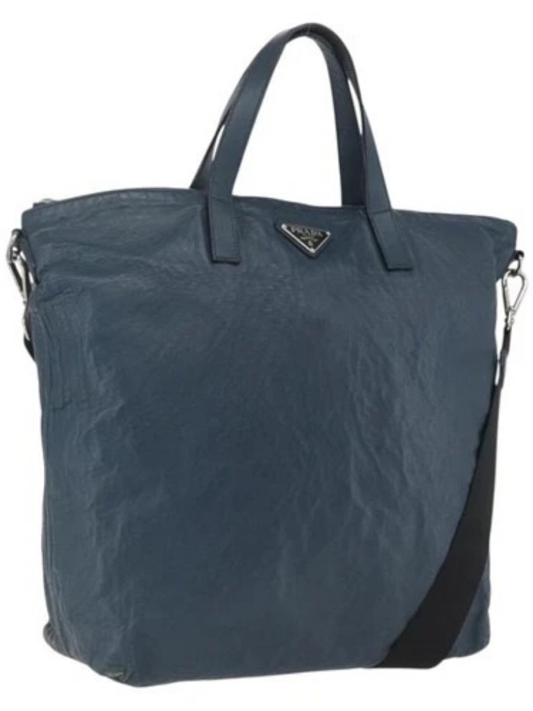 Prada Tote Bag Leather Navy Silver Auth Mr1876